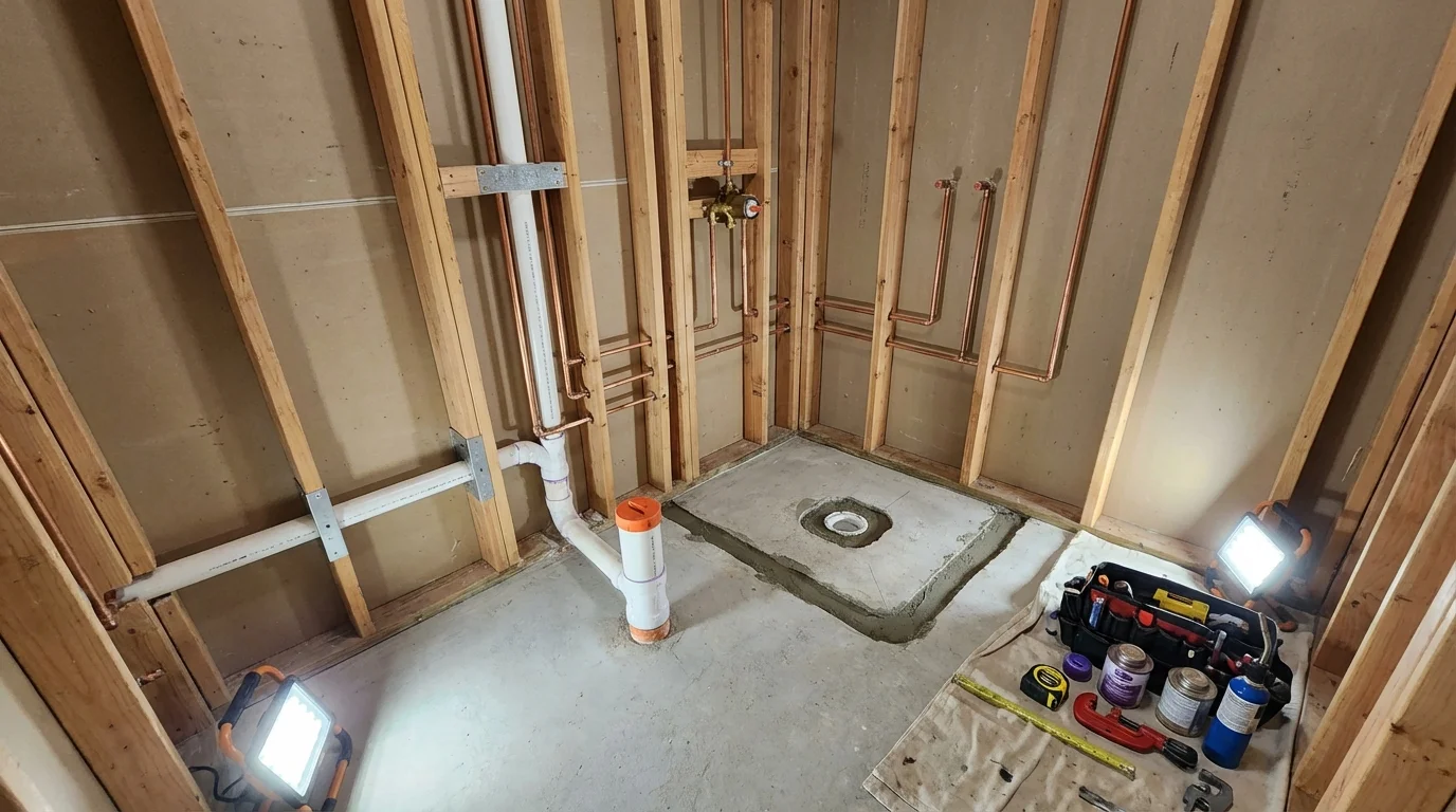 Bathroom rough-in plumbing during remodel by Johns Plumbing LLC in York