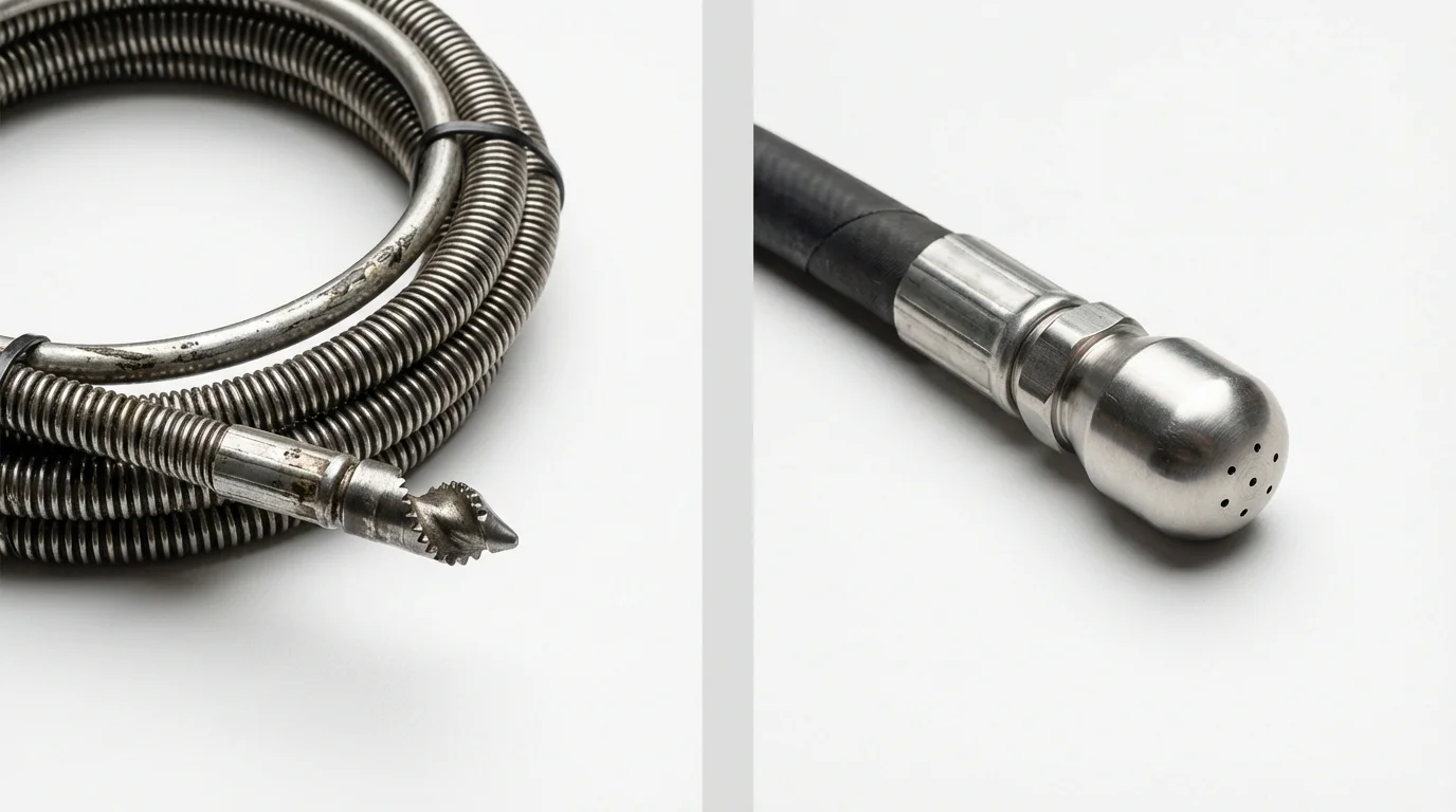 Drain snake cable and hydro jetting nozzle used for drain cleaning in York, SC