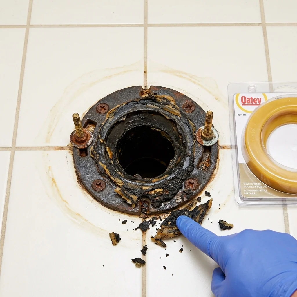 Failed wax ring showing water seepage at the base of a toilet in a York, SC home