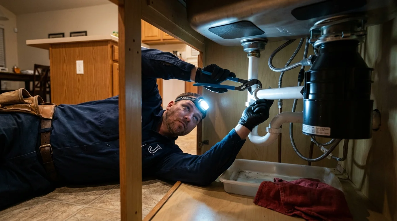 P-trap and supply line connections under a kitchen sink showing a common leak point in York, SC